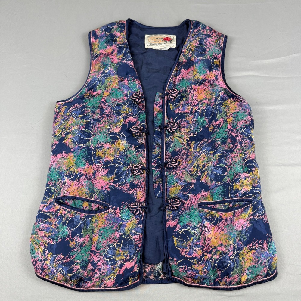 Peony Brand Shanghai China Silk Vest Embroidered Floral Pattern‎ Collar Top M